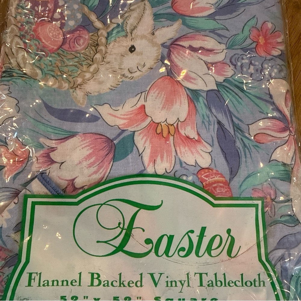 Vintage Easter 1994 Floral Vinyl Tablecloth square 52x52 flannel backed Sealed!